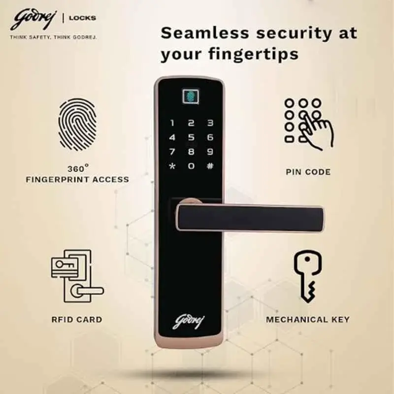 Godrej- Cactus Touch Plus Digital Mortise Lock- 3 Deadbolt Rose Gold Color 4215 (3).webp