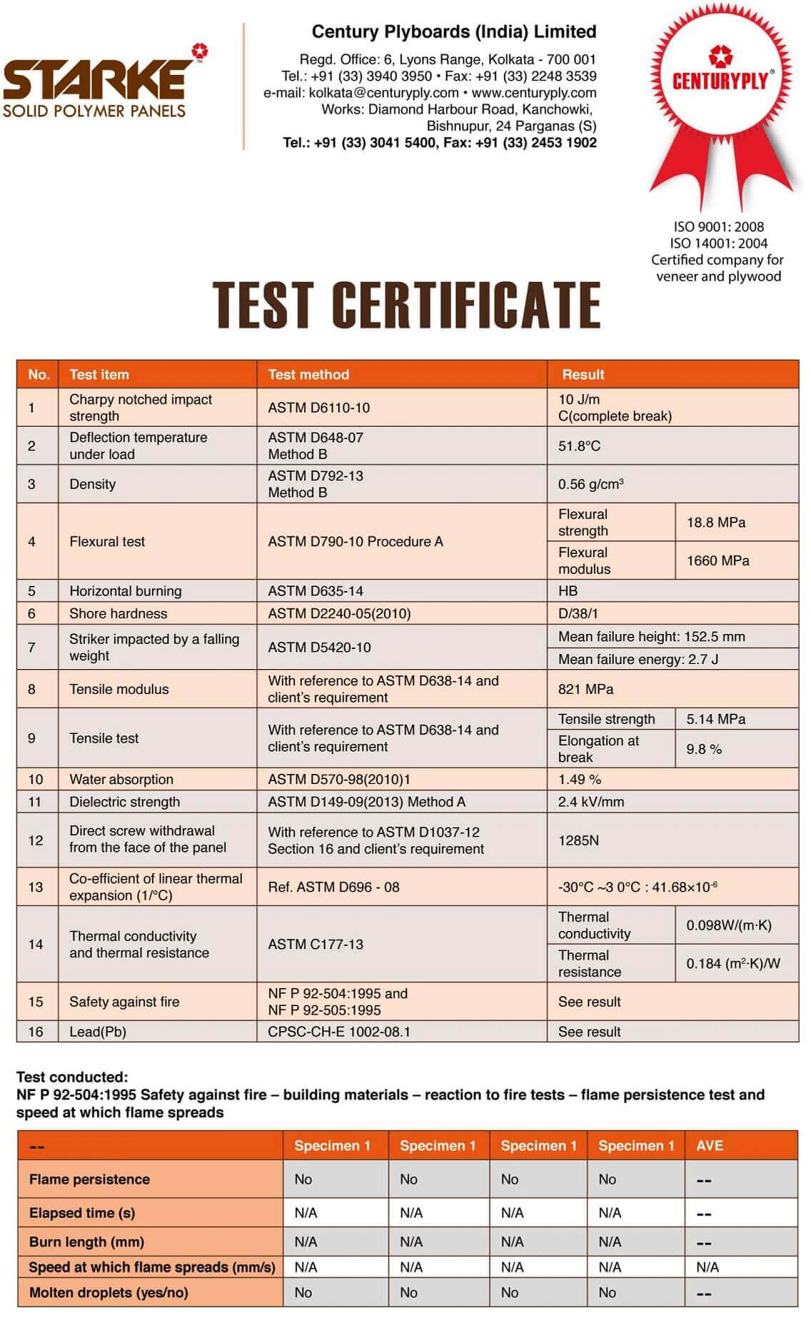 Century Starke WPC Board- Test Certificate